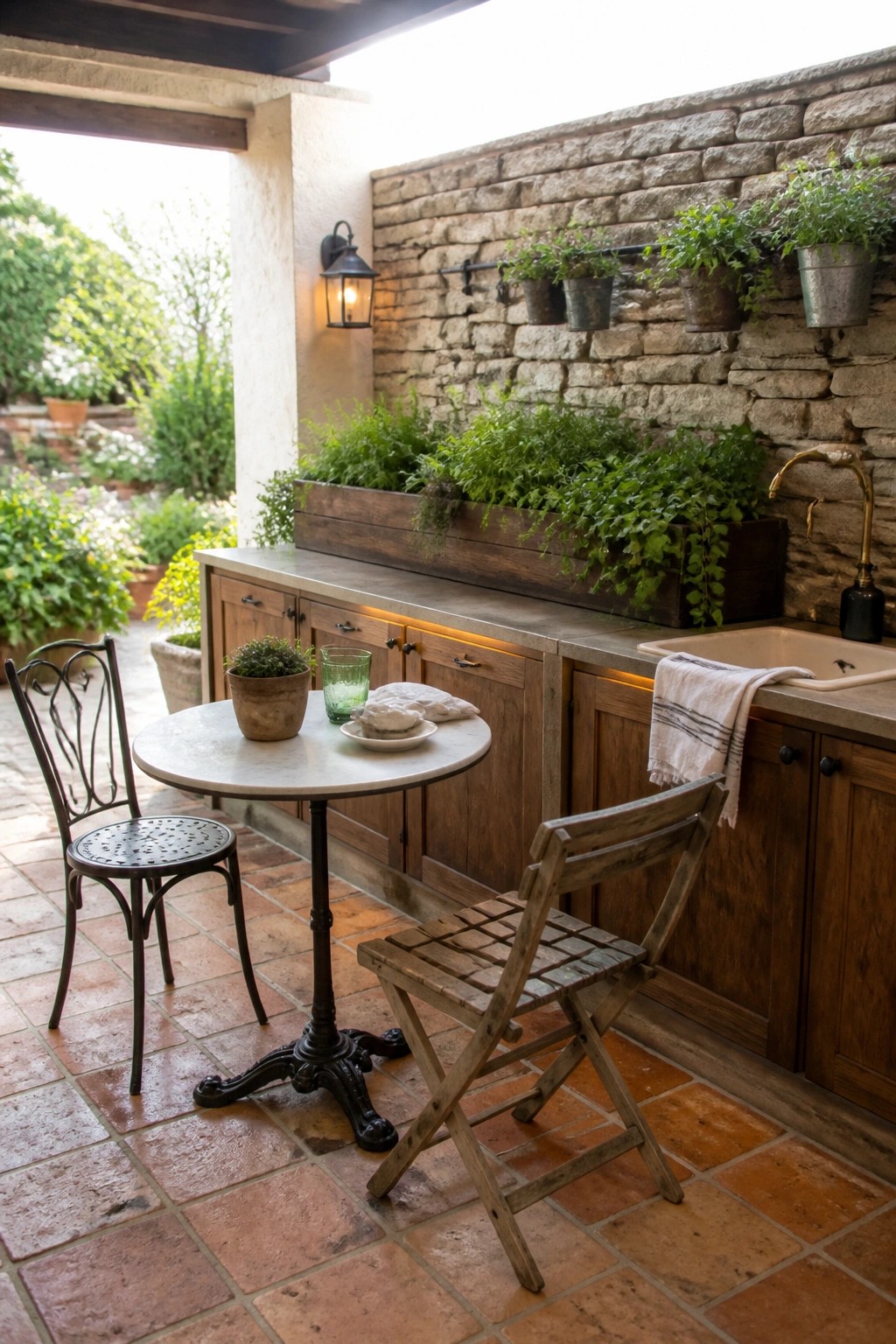 A covered outdoor patio corner with a stone wall, hanging metal buckets filled with plants, a long wooden trough planter, a sink with a towel, and a small round table with two chairs on terracotta tiles.