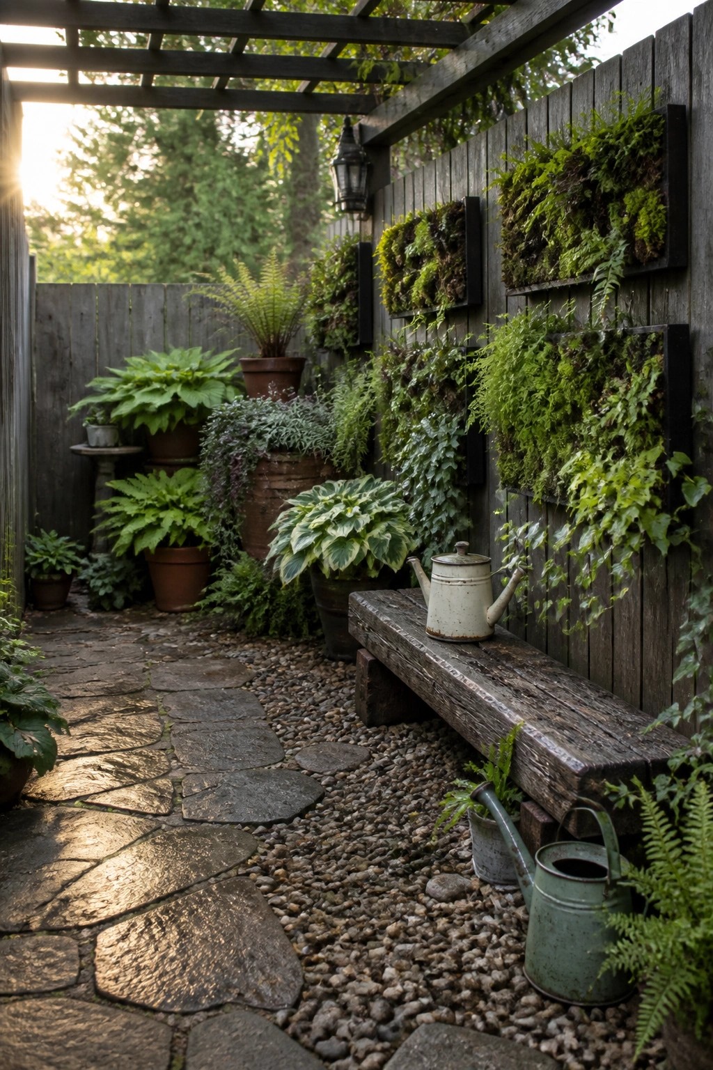 A gravel and stone path runs beside a wooden fence fitted with multiple vertical planters filled with ferns and moss, next to a wooden bench and watering cans under a pergola.