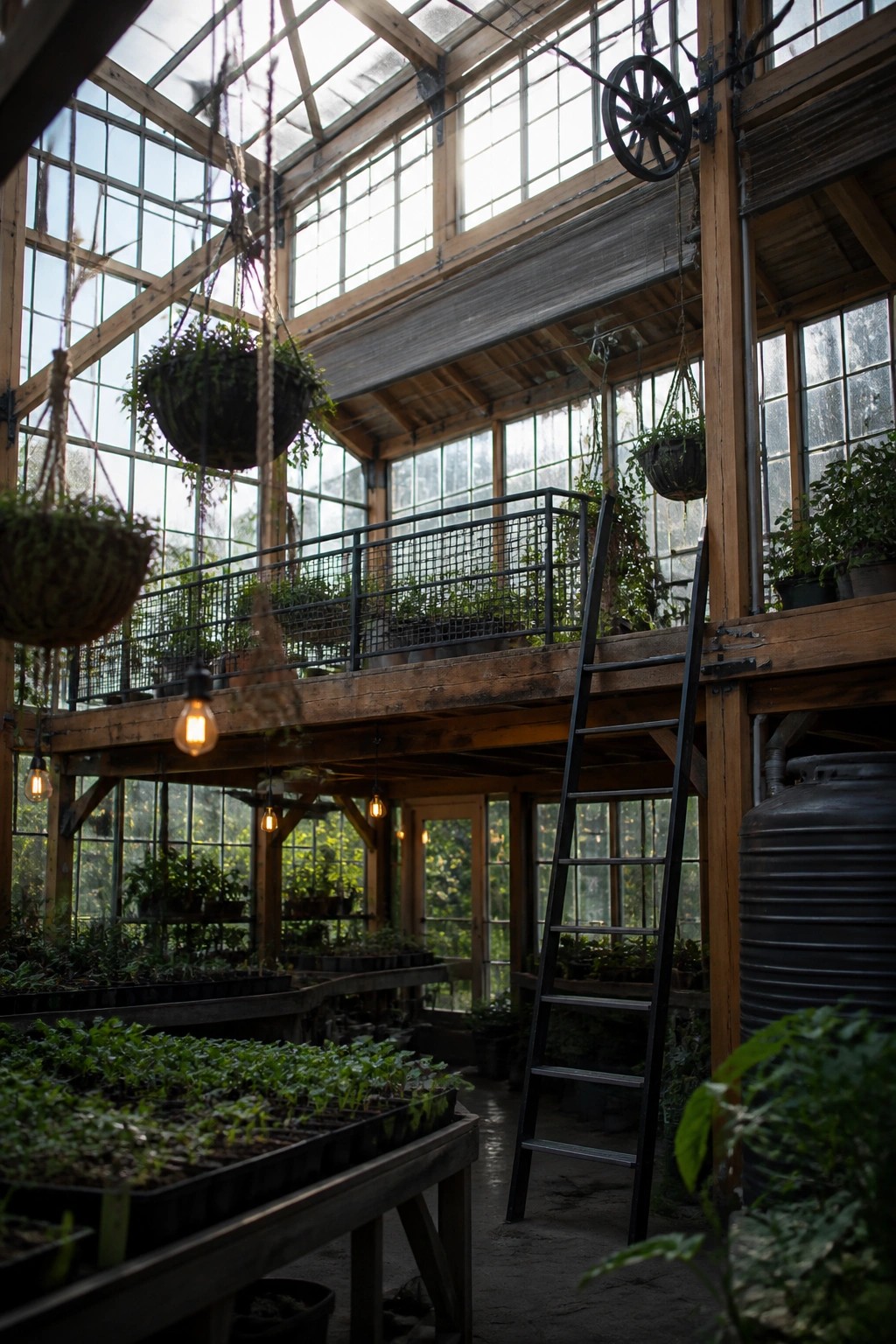 Rustic greenhouse with hanging plants, seedling trays, wooden ladder, and glass ceiling.
