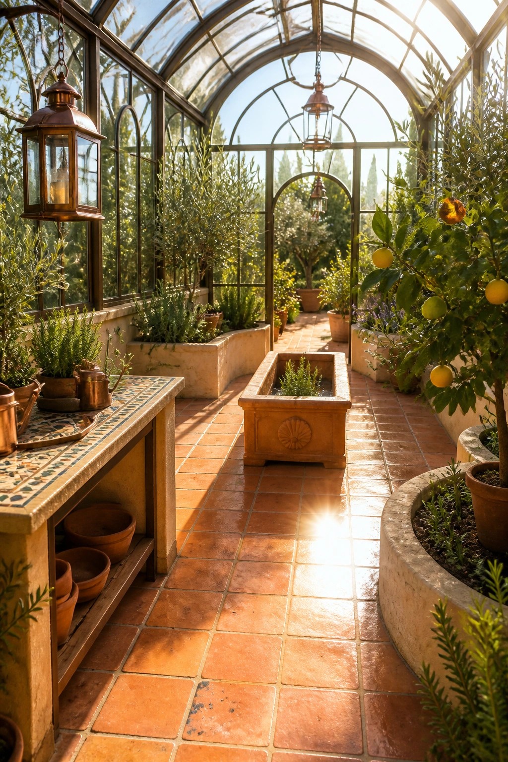 Interior of a glass greenhouse with terracotta tile flooring, a long mosaic work table with open shelving, potted plants, and hanging lanterns.