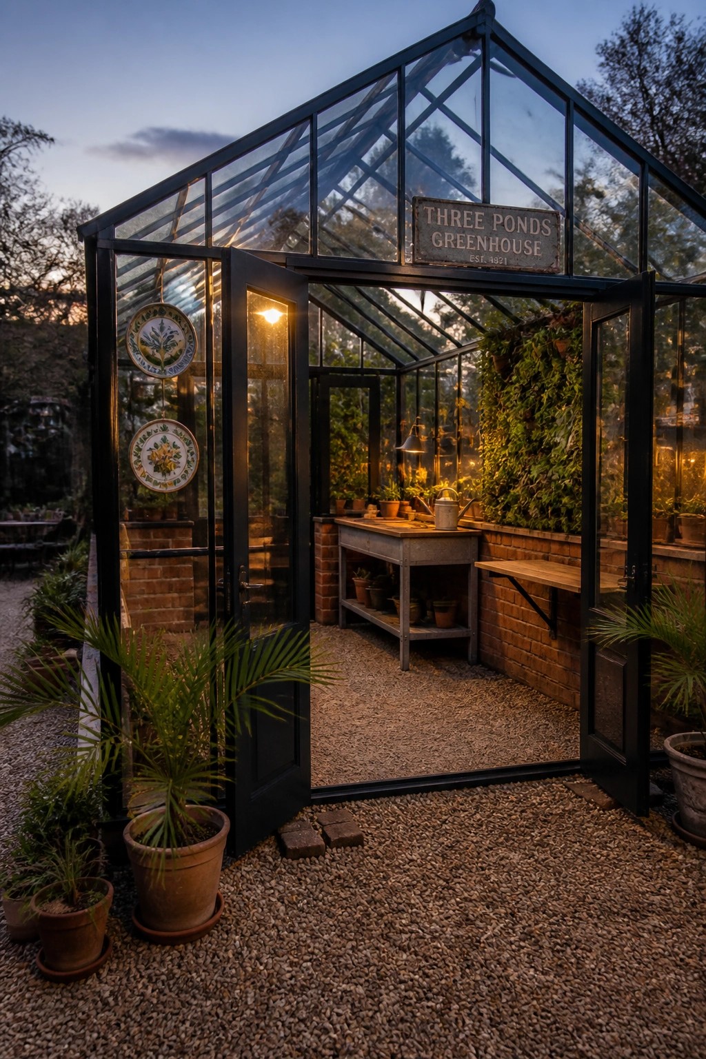 A black-framed glass greenhouse with open doors at dusk, showing potted plants inside and outside along with a sign above the entrance.
