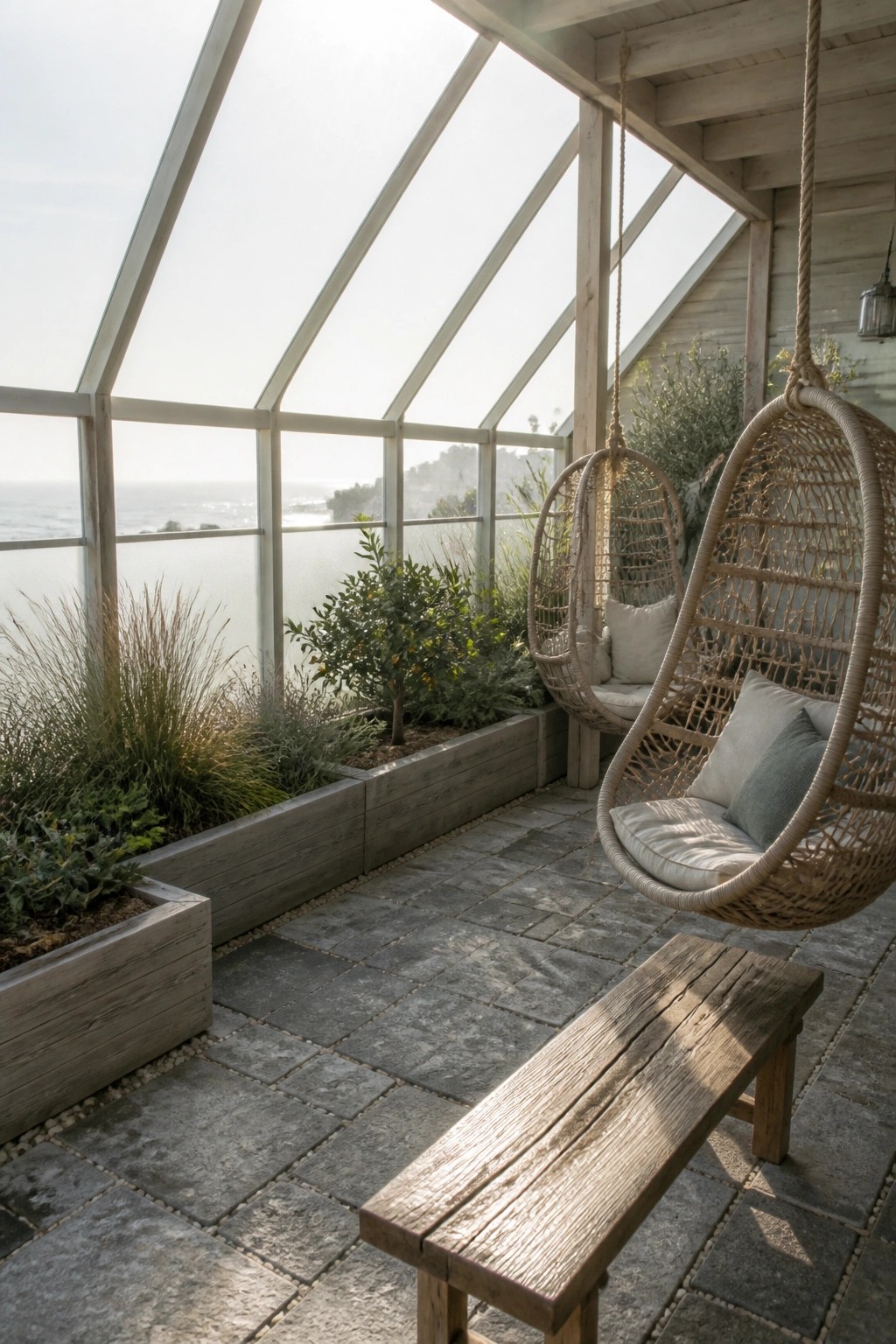 A glass greenhouse interior with wooden raised planters filled with plants along large windows, two hanging wicker chairs, a wooden bench on stone flooring, and an ocean view beyond.