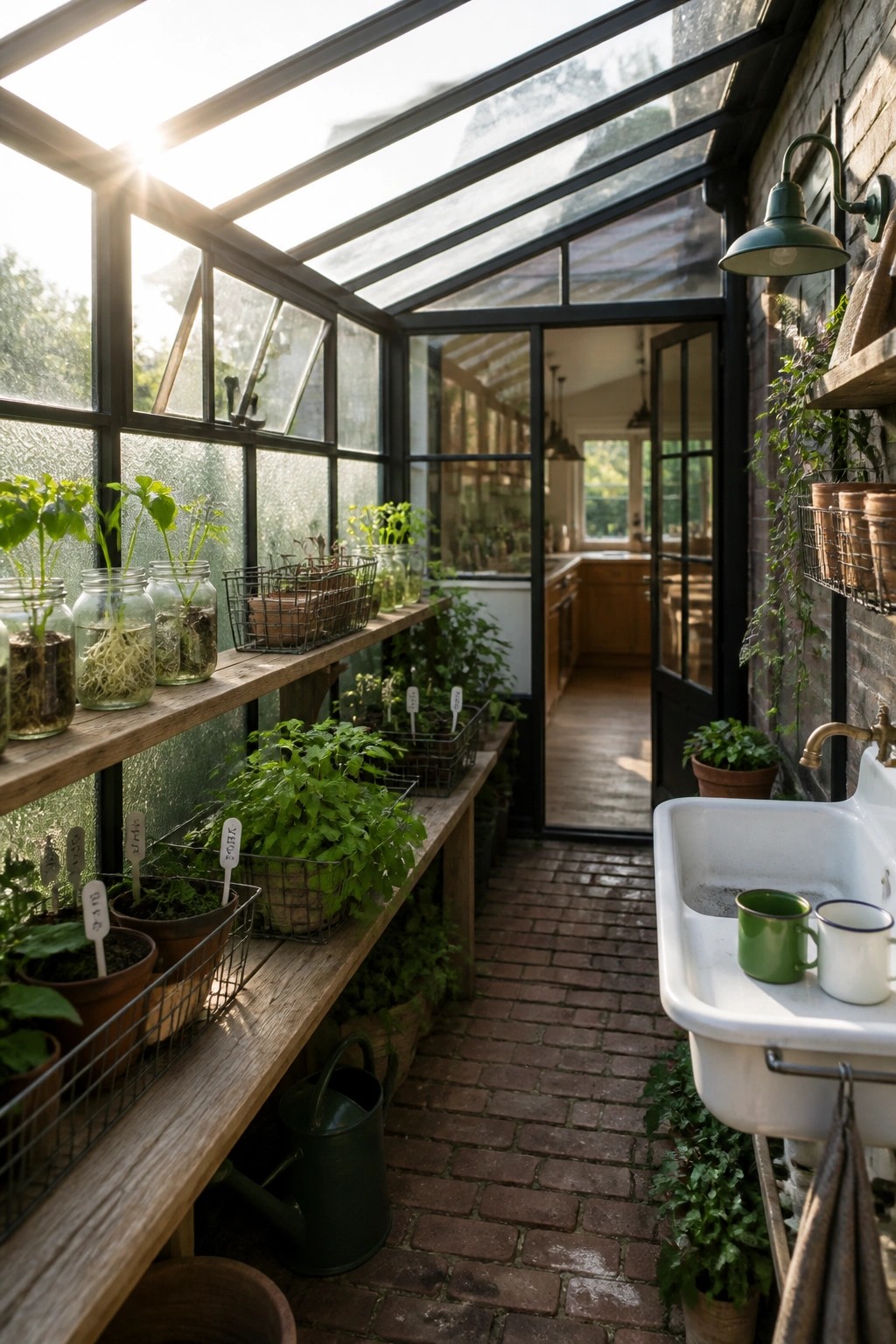 Interior of a glass greenhouse with wooden shelves holding potted plants and glass jars along the walls, a brick pathway, and a white utility sink on the right side.
