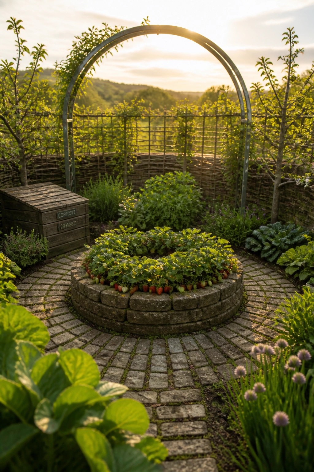 A circular stone raised garden bed planted with strawberries sits centered on a brick path in a fenced garden.