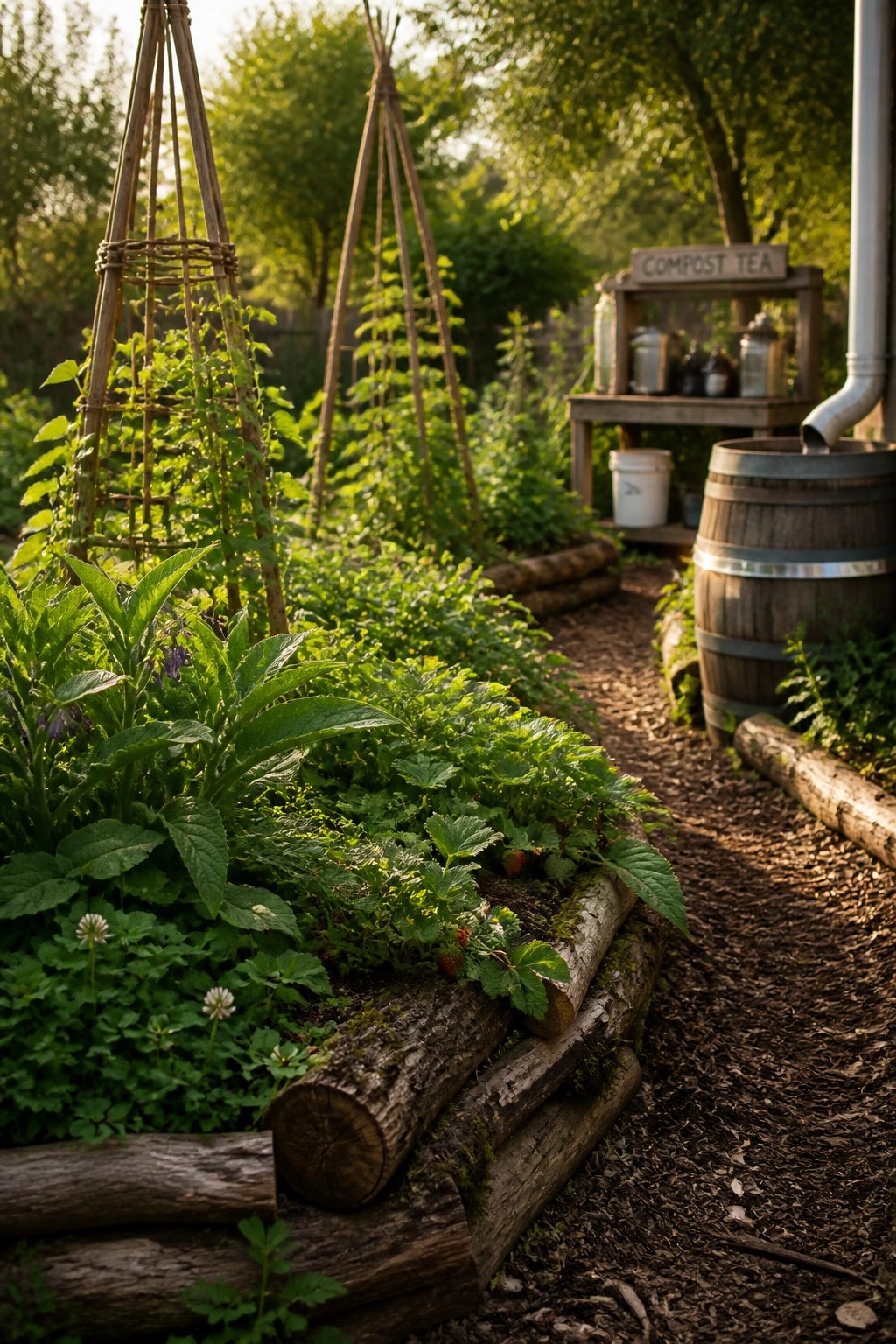 A garden path bordered by stacked log raised beds filled with leafy plants and strawberries, with wooden trellises and a compost tea station visible in the background.