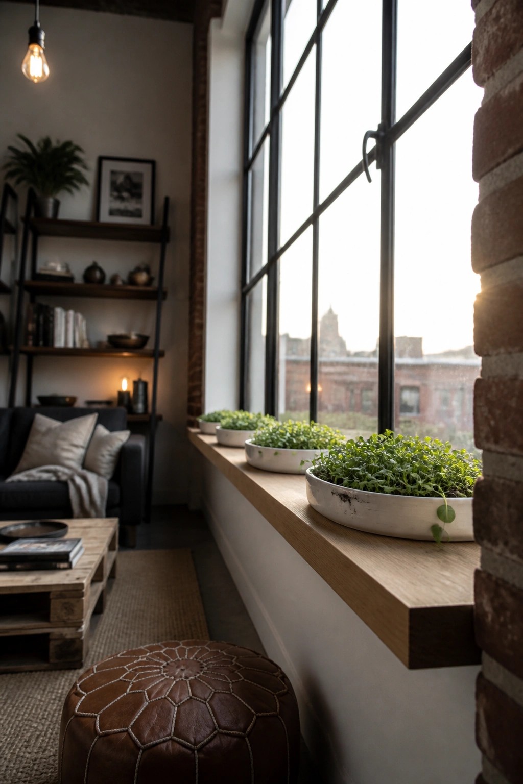 A bright indoor windowsill lined with white bowls of young green sprouts sits beside a brick wall and large black-framed window.