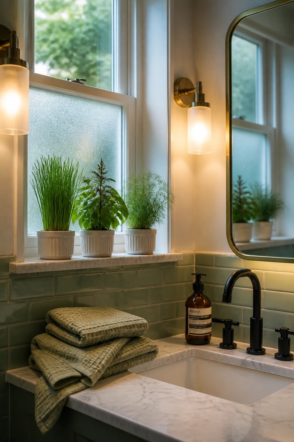 A bathroom with a marble countertop, black faucet, folded green towels on the ledge, and three white pots of herbs and greens on the windowsill above green tile.