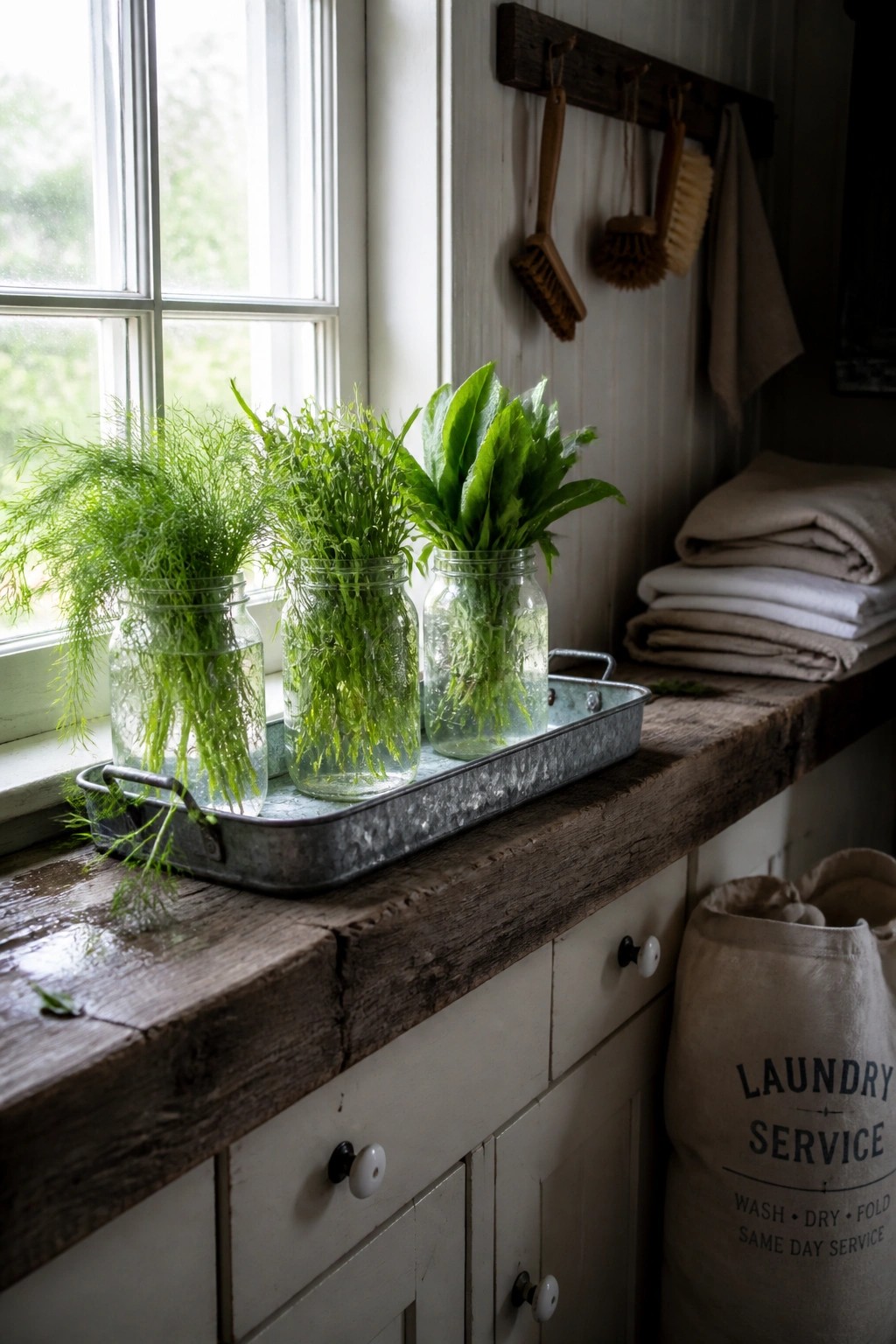 Three glass jars with green herbs in water sit in a metal tray on a wooden windowsill beside a window.
