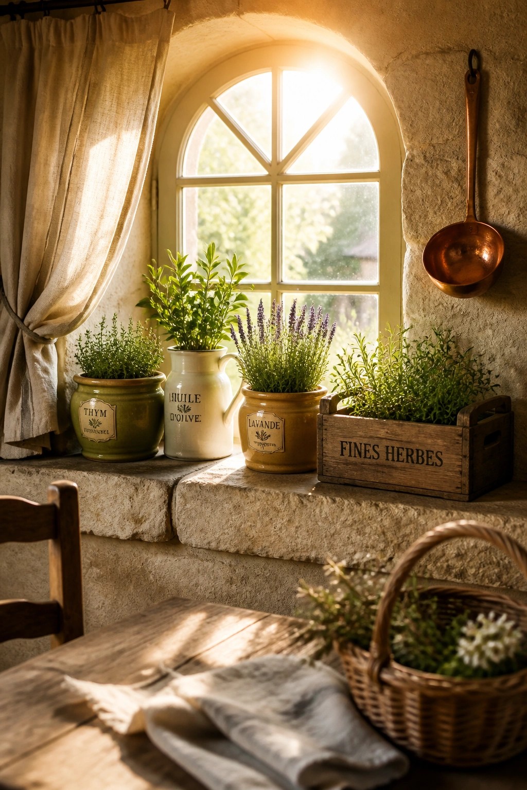 A stone windowsill holds several herb plants in green, white, and brown ceramic pots plus a wooden crate, placed in front of an arched window with a linen curtain.