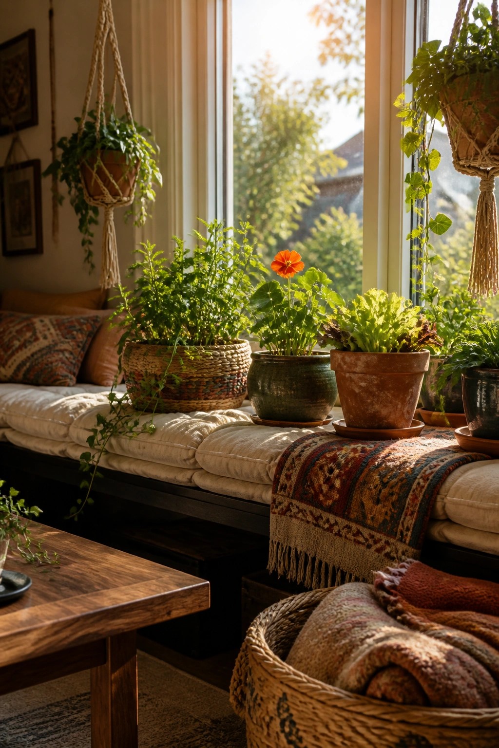 A bright indoor window area with multiple potted plants and hanging greenery arranged on a cushioned bench.
