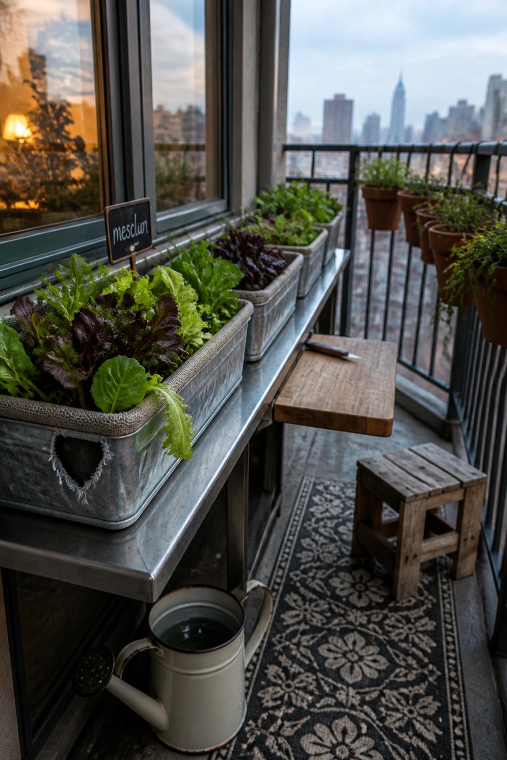 A balcony ledge lined with metal trough planters of leafy greens, a small wooden table and stool nearby, hanging pots on the railing, and a watering can on the floor.