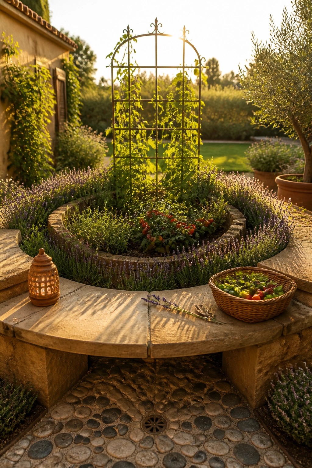 A circular stone raised garden bed with a metal trellis holding climbing vines, surrounded by low plants and a basket of harvested vegetables on the edge.