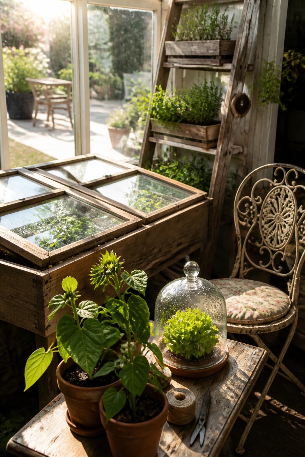 A wooden cold frame with glass lids stands beside potted plants and a glass cloche over lettuce inside a bright greenhouse area.