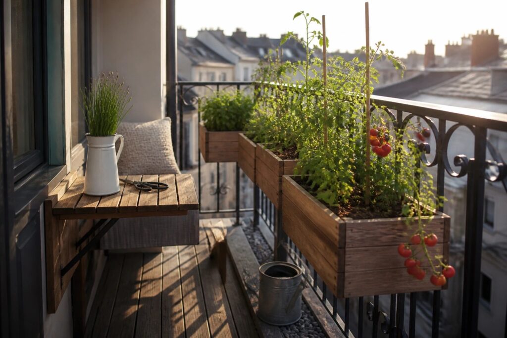 21 Inspiring Small Edible Garden Ideas for Everyday Food Growing Balcony with tomato plants in wooden boxes, table, chair, and watering can.