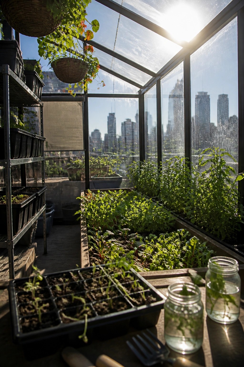 Interior of a glass greenhouse with raised beds of leafy greens, seedling trays, and jars of cuttings on a wooden table overlooking a city skyline.