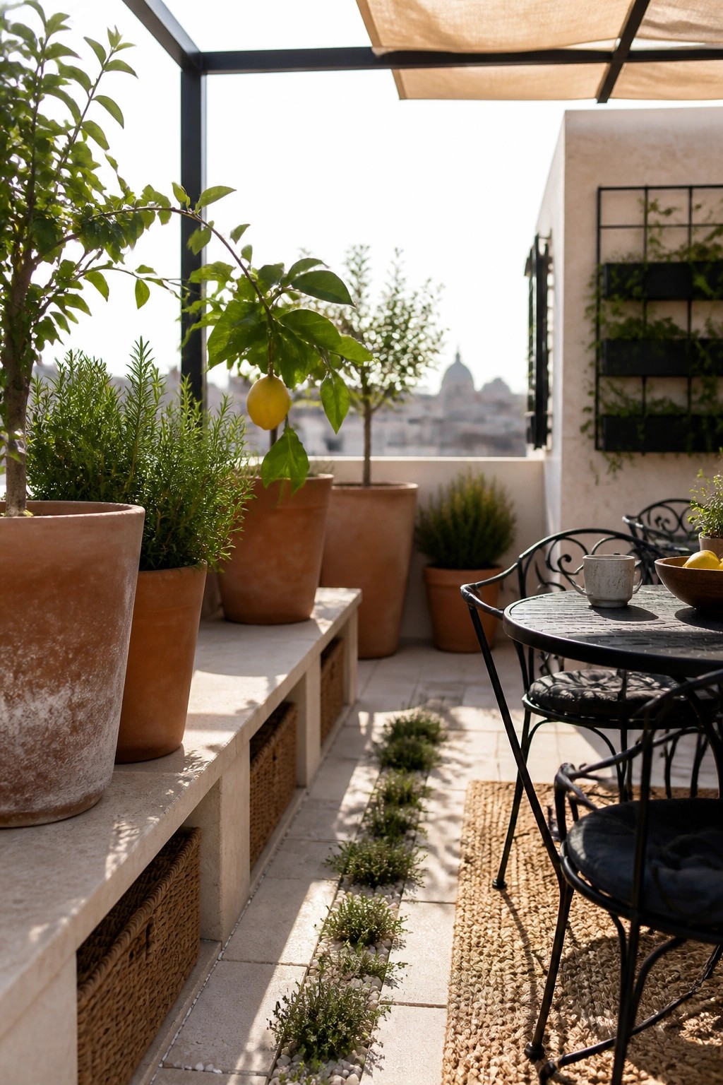 A sunny patio with several large terracotta pots holding a lemon tree and herbs placed beside a black metal dining table and chairs.