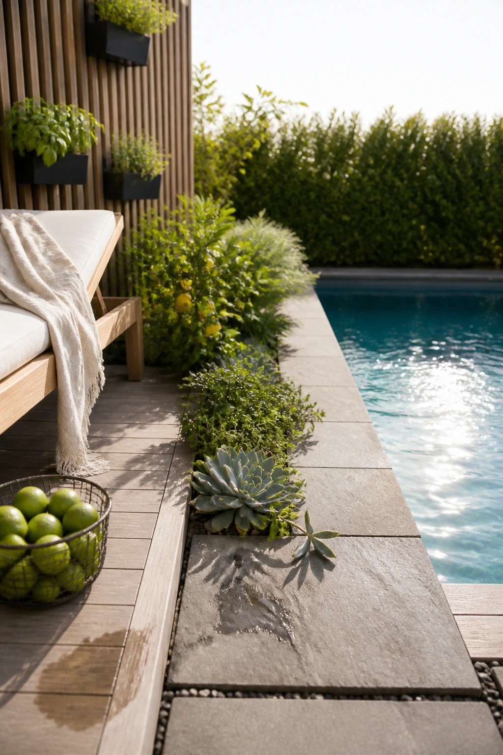A narrow garden bed runs between a wooden deck and pool, holding succulents, herbs, and a small lemon tree, with black wall planters mounted on vertical wood siding nearby.