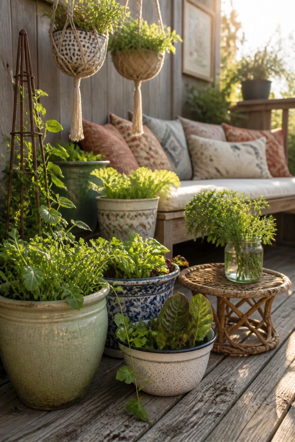 Potted herbs and leafy greens in ceramic and metal containers arranged on a wooden deck beside a cushioned bench and a small wicker table.