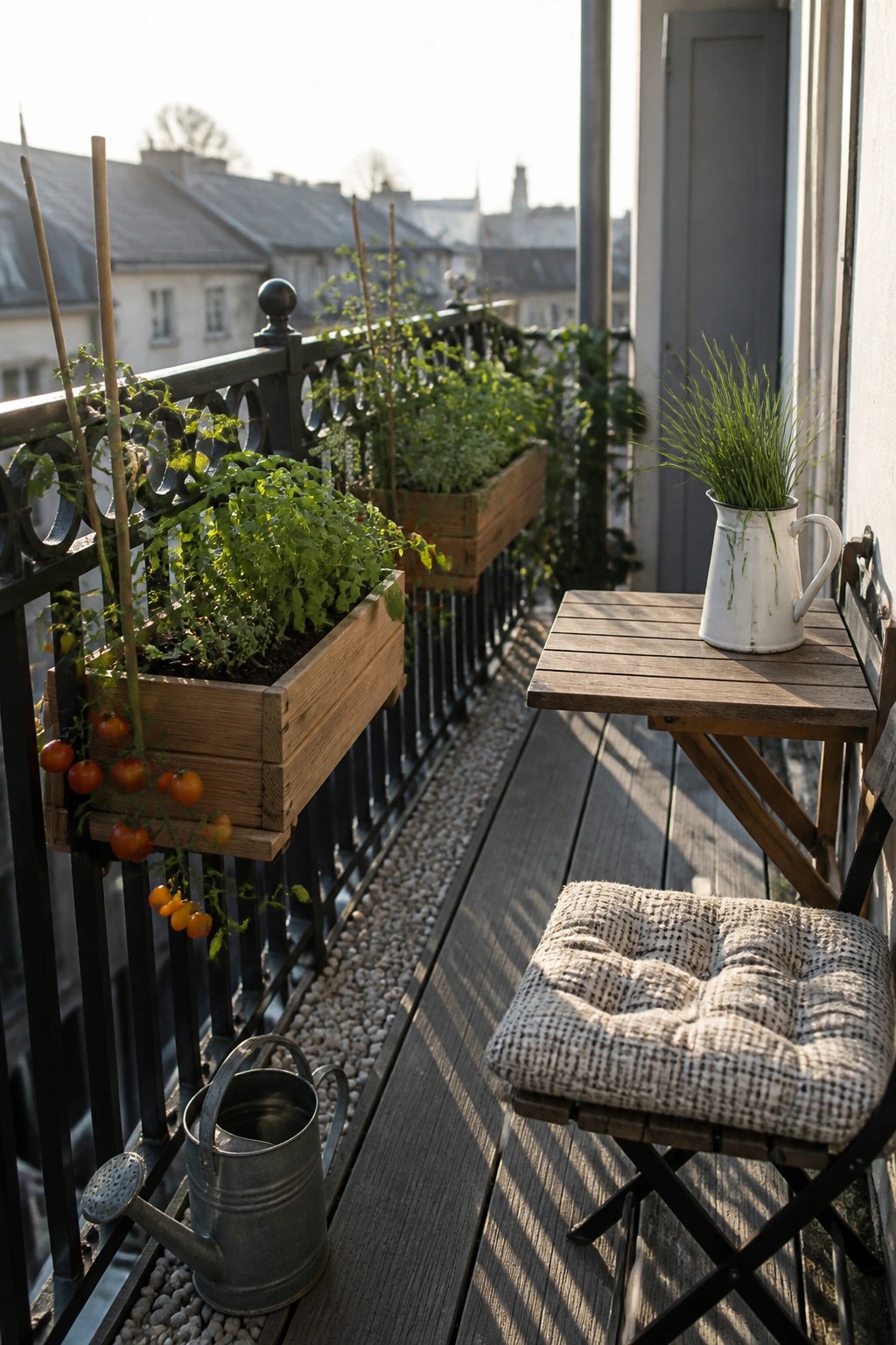 Balcony with tomato plants in wooden boxes, table, chair, and watering can.