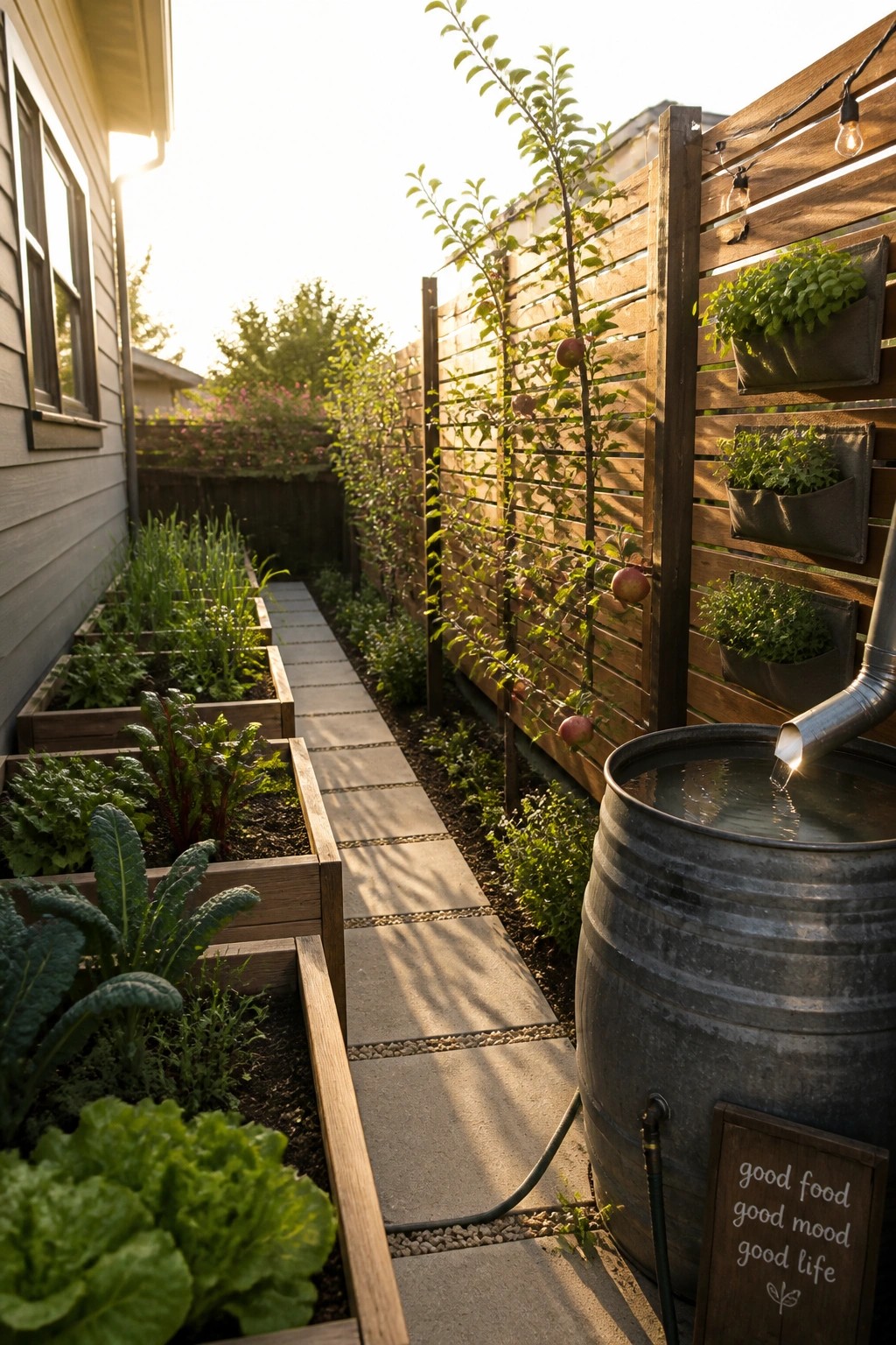 A narrow garden with raised wooden beds along a concrete path, a wooden fence supporting espaliered apple trees, fabric pocket planters, and a metal rain barrel with a downspout.