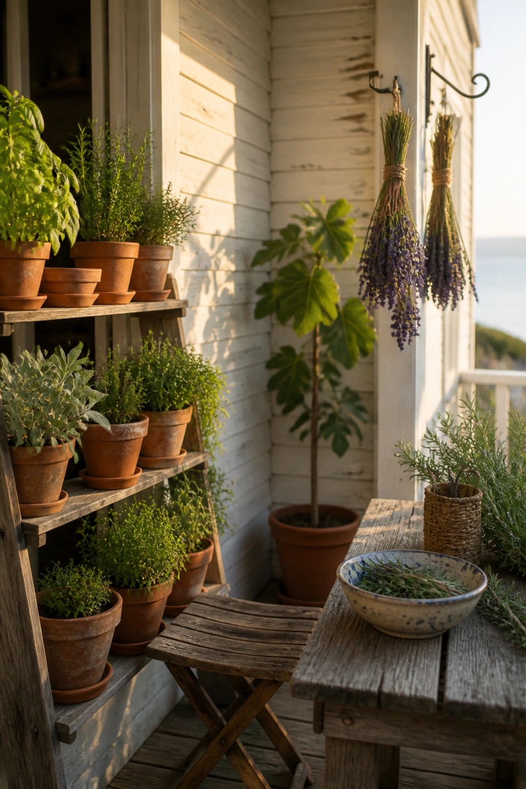 A wooden porch with tiered shelves holding potted herbs, hanging bundles of lavender, a small wooden table, and a bowl of fresh cuttings.