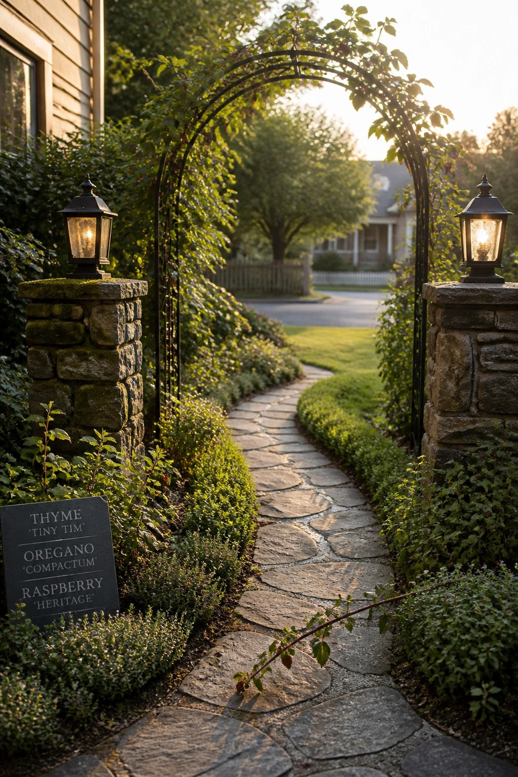 A stone path runs between low herb beds under a metal arch, with lanterns on stone pillars and a sign listing thyme, oregano, and raspberry plants.