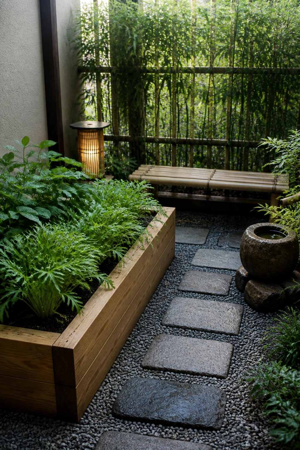 A wooden raised garden bed filled with leafy green plants sits beside a gravel path lined with stone pavers, with a bamboo bench and foliage in the background.