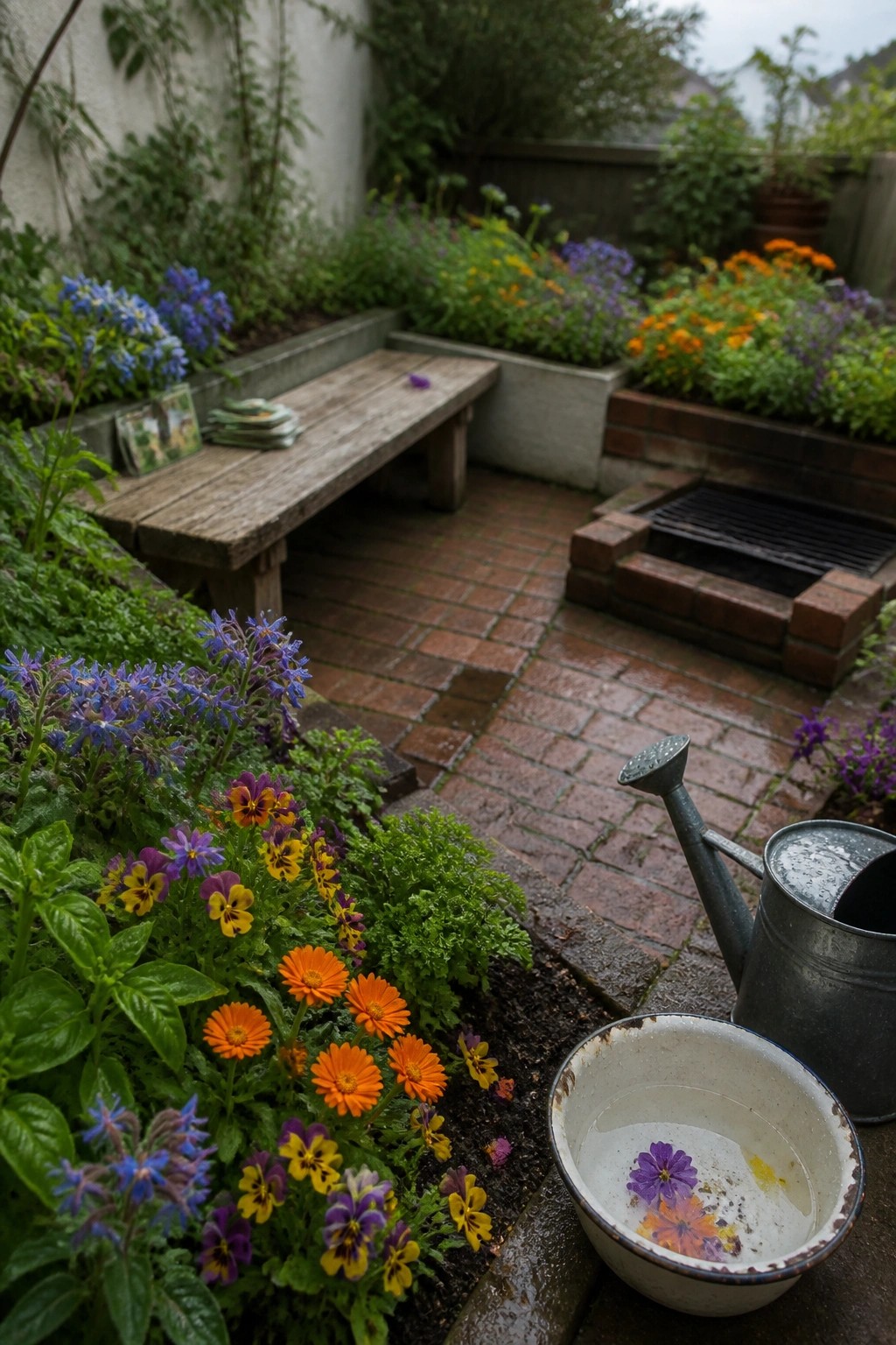 A small backyard garden with raised beds filled with orange, blue, and purple flowers, a wooden bench on a brick path, and a metal watering can beside a bowl of water.