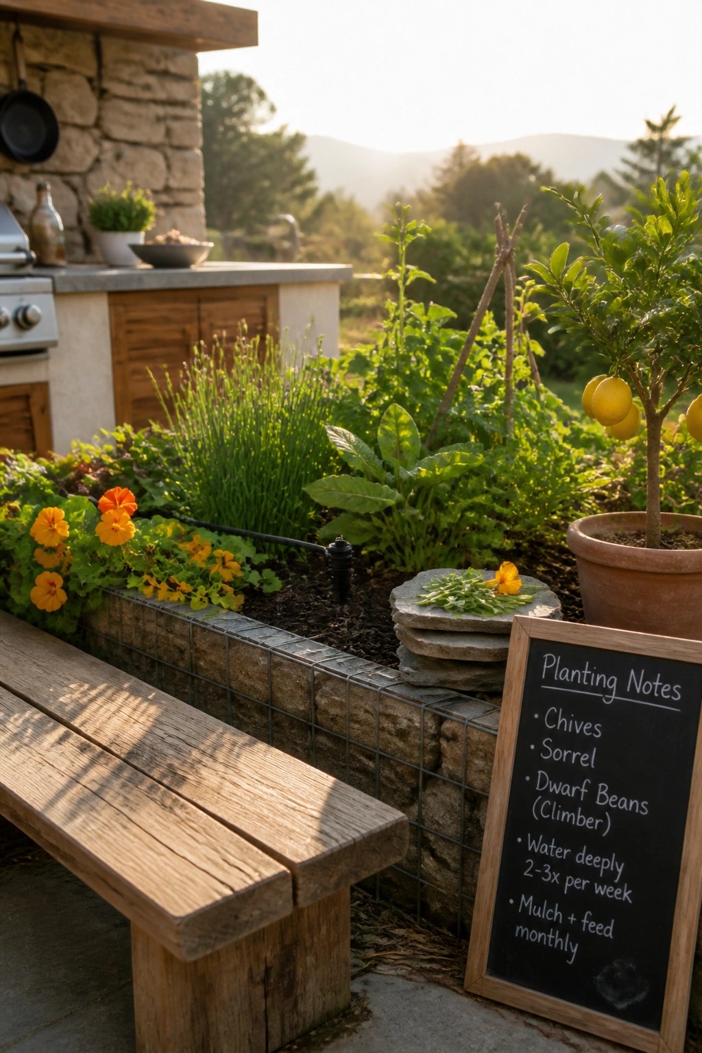 A raised garden bed filled with herbs, flowers, and climbing plants sits next to an outdoor stone kitchen, with a wooden bench and chalkboard in the foreground.