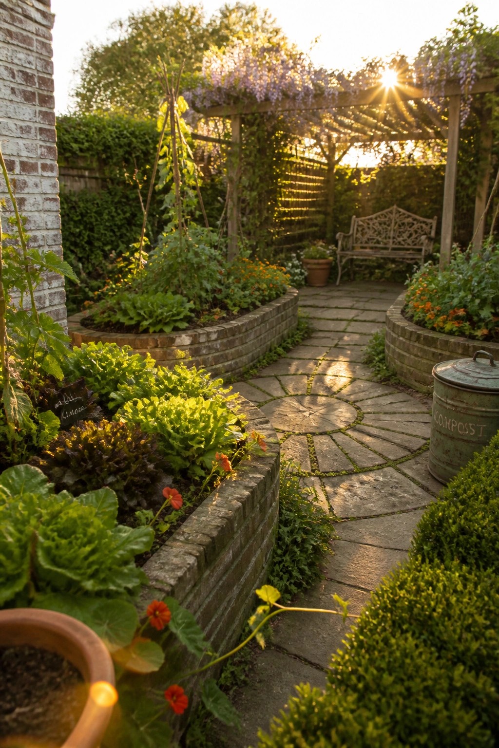 A winding stone path runs between curved raised brick beds filled with leafy vegetables and flowers, with a compost bin visible on the right.
