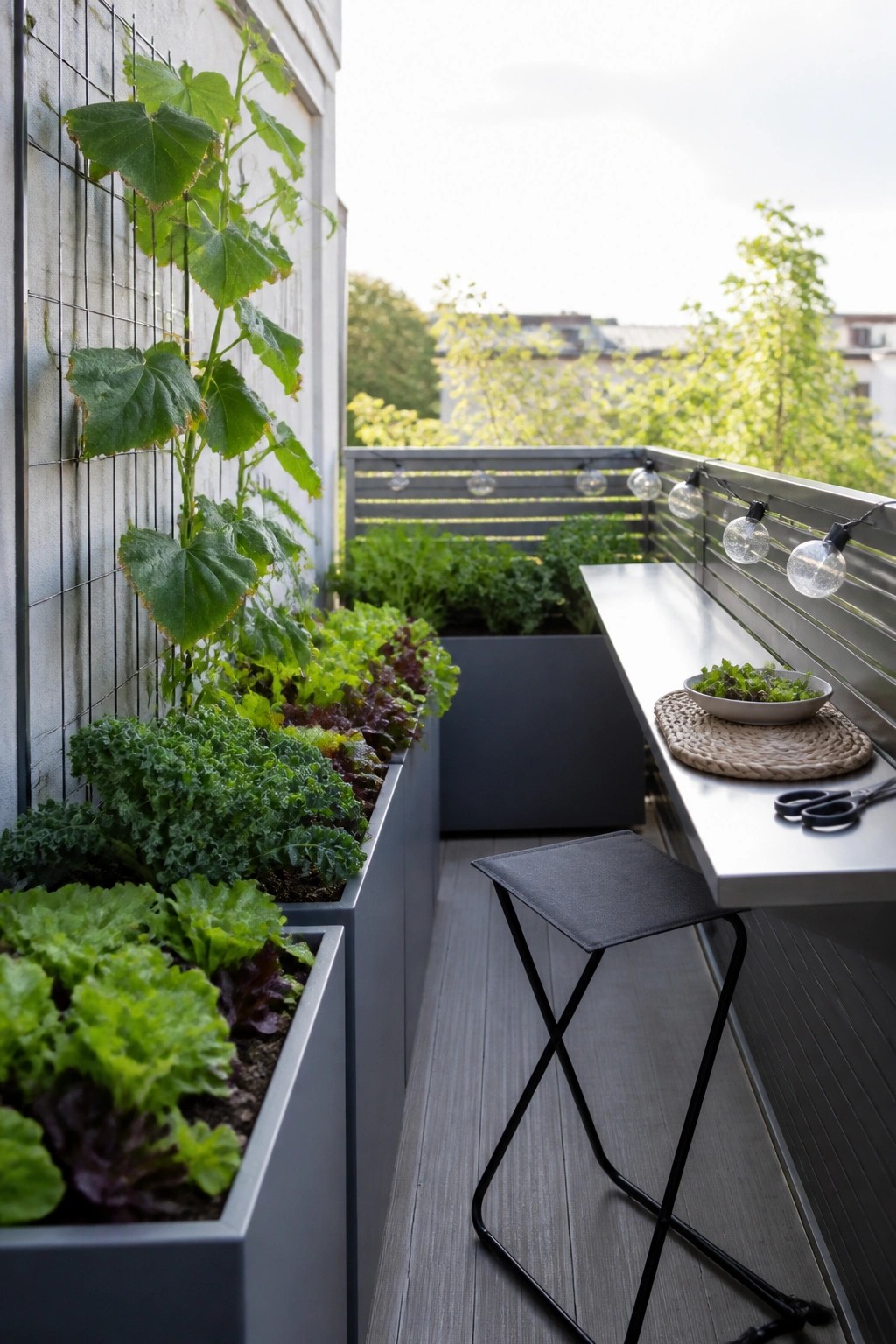 A narrow balcony lined with long gray raised planters growing leafy vegetables and herbs, with a small white table, black stool, and string lights.