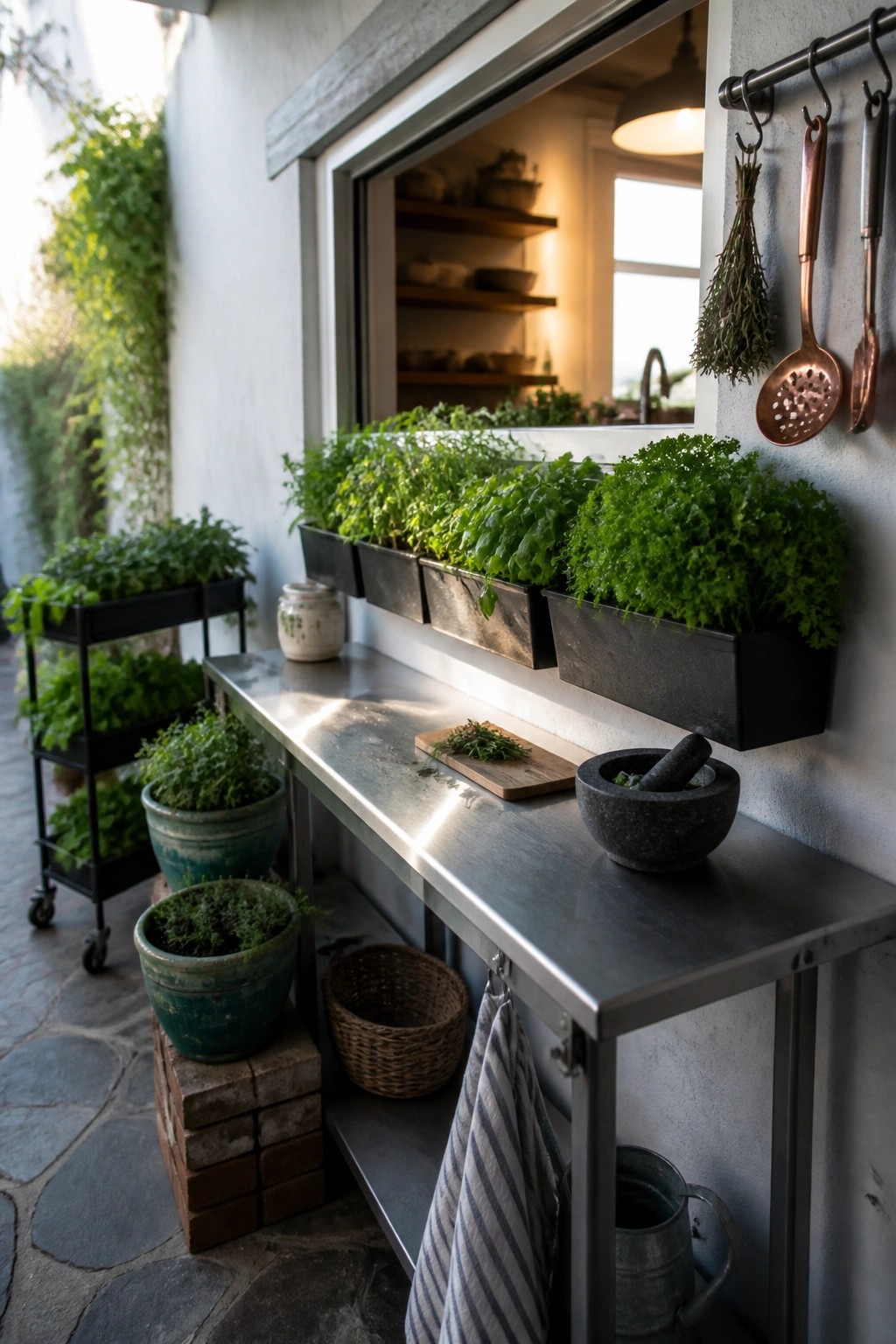 Outdoor stainless steel table with mortar and pestle and cutting board next to black wall-mounted planters filled with leafy herbs and greens, plus potted plants on a rolling cart.
