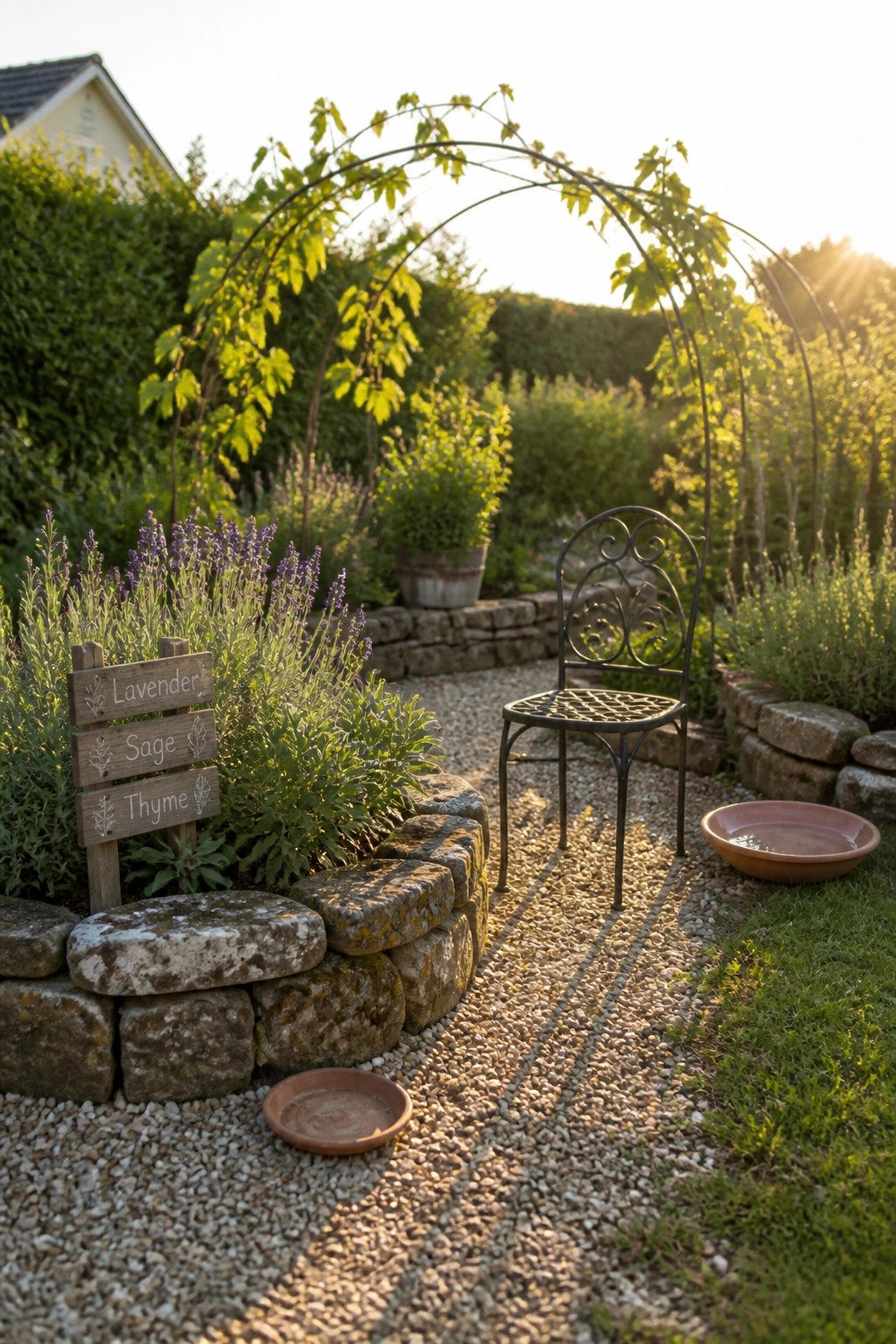 A gravel garden area with low stacked stone borders forming small beds planted with lavender, sage, and thyme, a wooden sign labeling each herb, a metal chair nearby, and an arched vine support in the background.