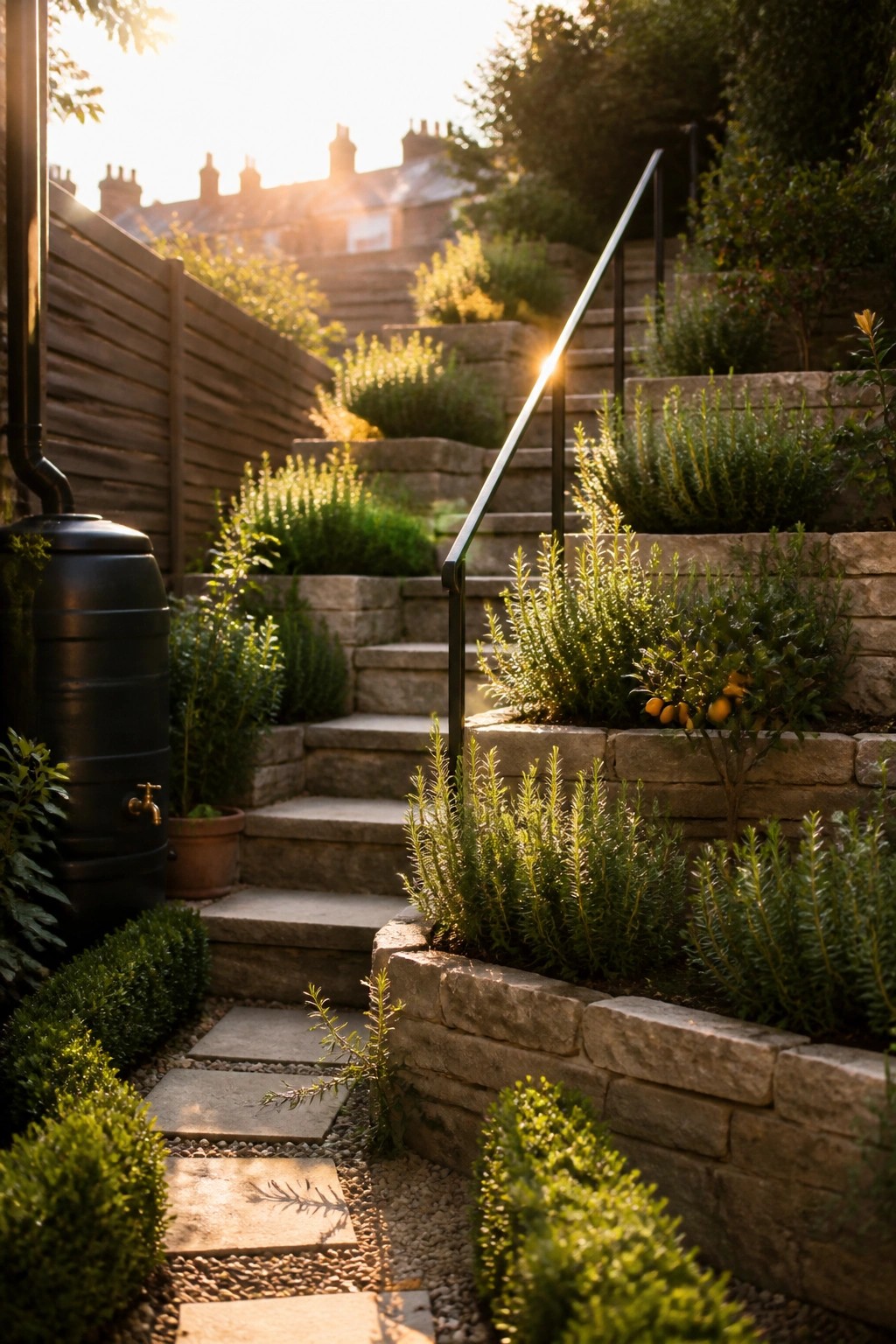 A terraced garden with stone retaining walls, steps, and gravel paths lined with rosemary, herbs, and a small citrus tree, plus a black water barrel on the left.