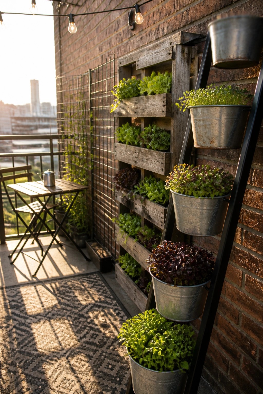A balcony scene with a wooden pallet mounted on a brick wall filled with leafy green plants and several metal buckets holding more greens attached to a black ladder frame beside a small table and chair.