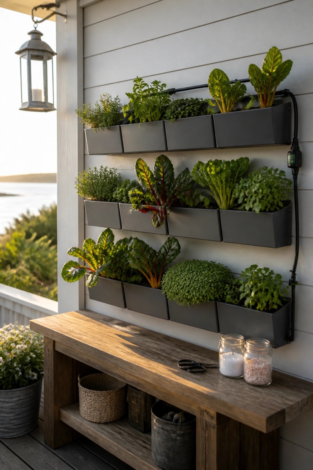 A wooden bench sits below three rows of dark rectangular wall planters filled with leafy greens and herbs on a light-colored house wall.