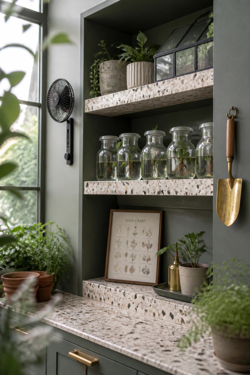 A dark green built-in shelving unit with terrazzo shelves holding rows of glass jars with plant cuttings and several potted plants.