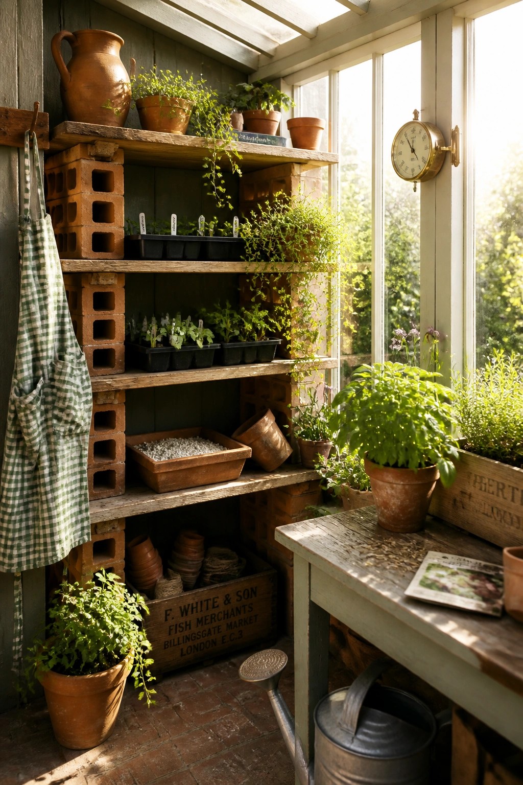 A greenhouse interior showing wooden shelves supported by stacks of cinder blocks, filled with potted plants, seedling trays, and gardening supplies.