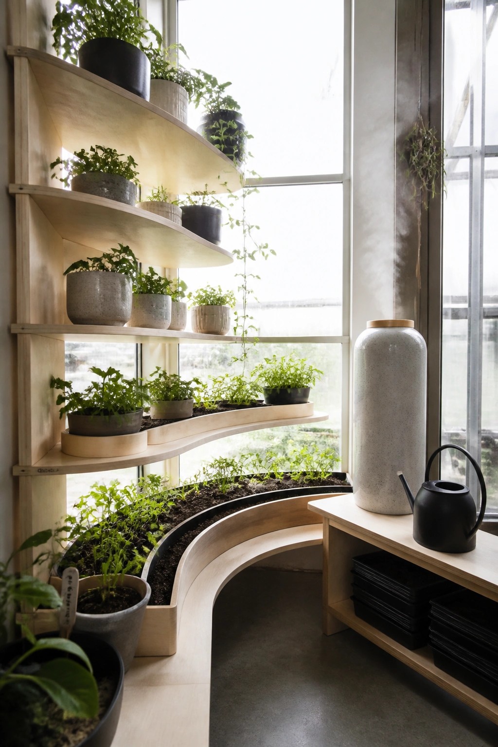 Curved light wood shelves mounted along large windows hold numerous potted plants, with a tall speckled vase and black watering can on a nearby bench.