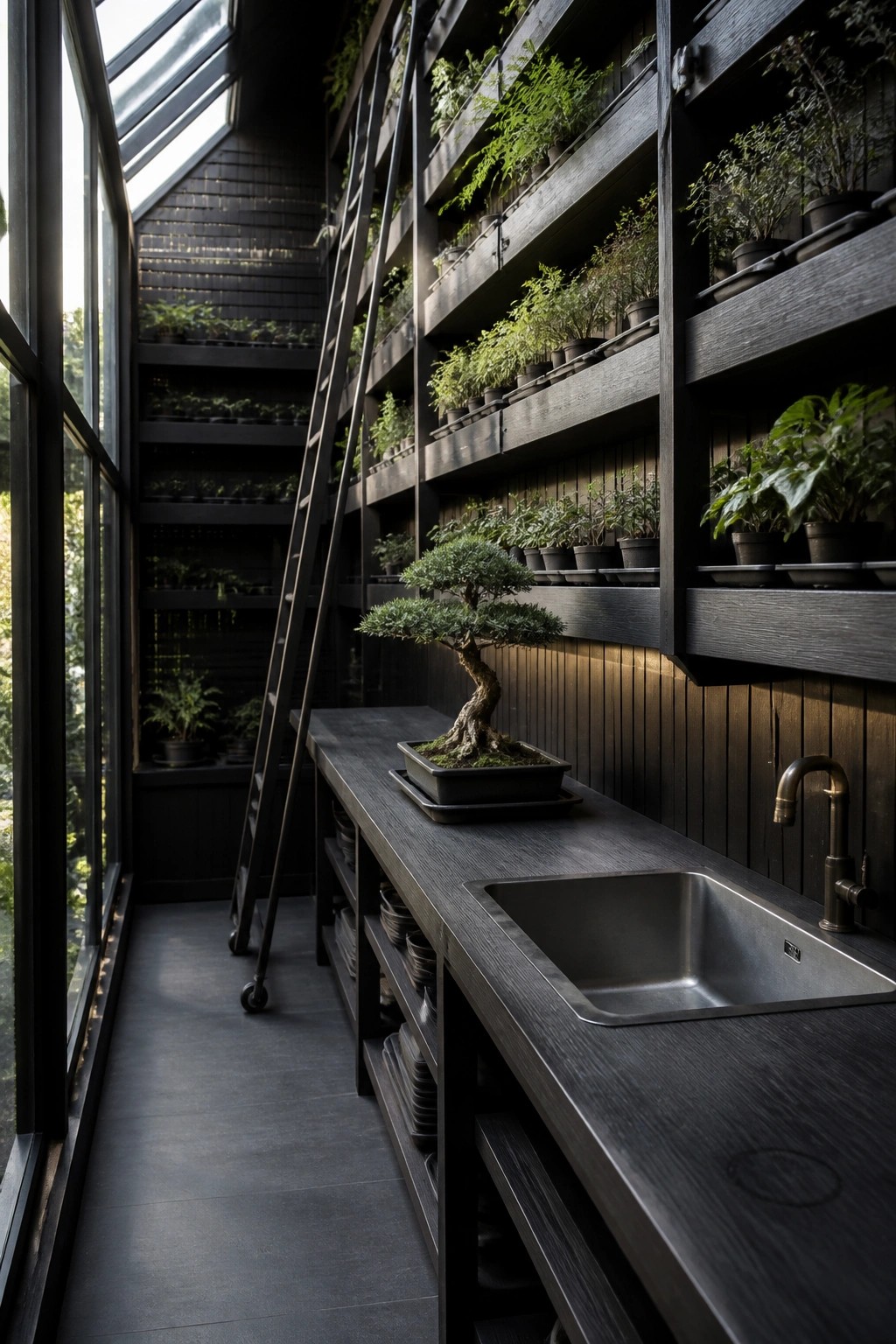 A narrow dark interior room with floor-to-ceiling black wood shelving filled with potted plants, a rolling ladder on the left, a bonsai on the counter, and a stainless steel sink on the right.