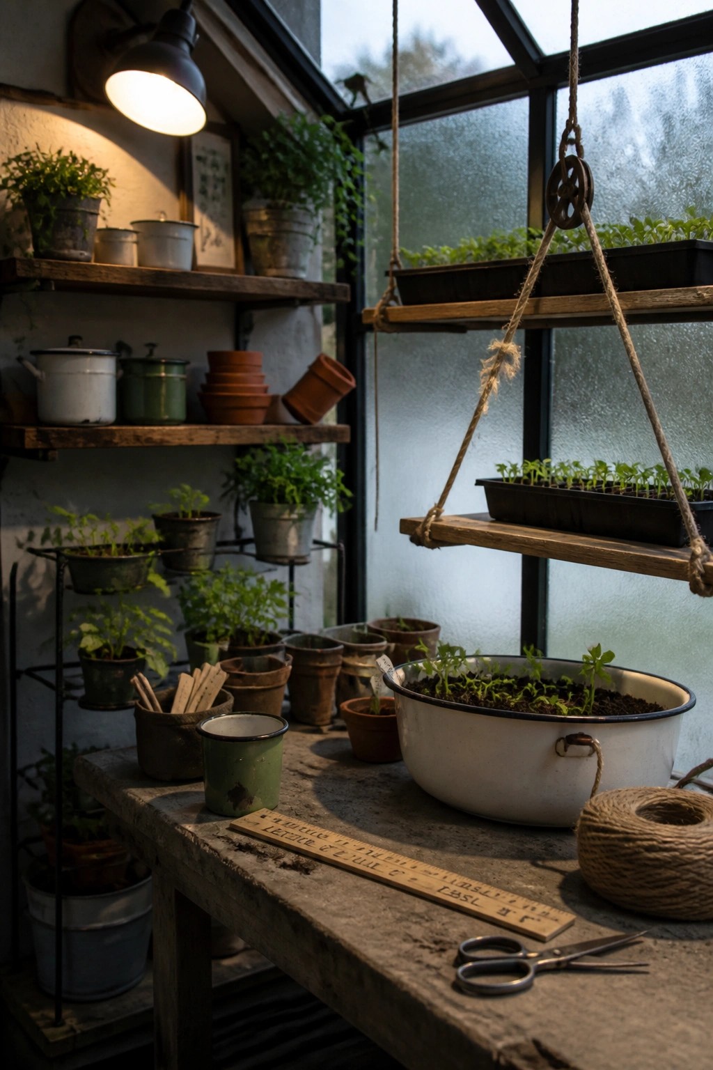 Greenhouse interior showing multiple wooden shelves with potted plants, hanging trays suspended by ropes holding seedlings, and a workbench with tools and containers.