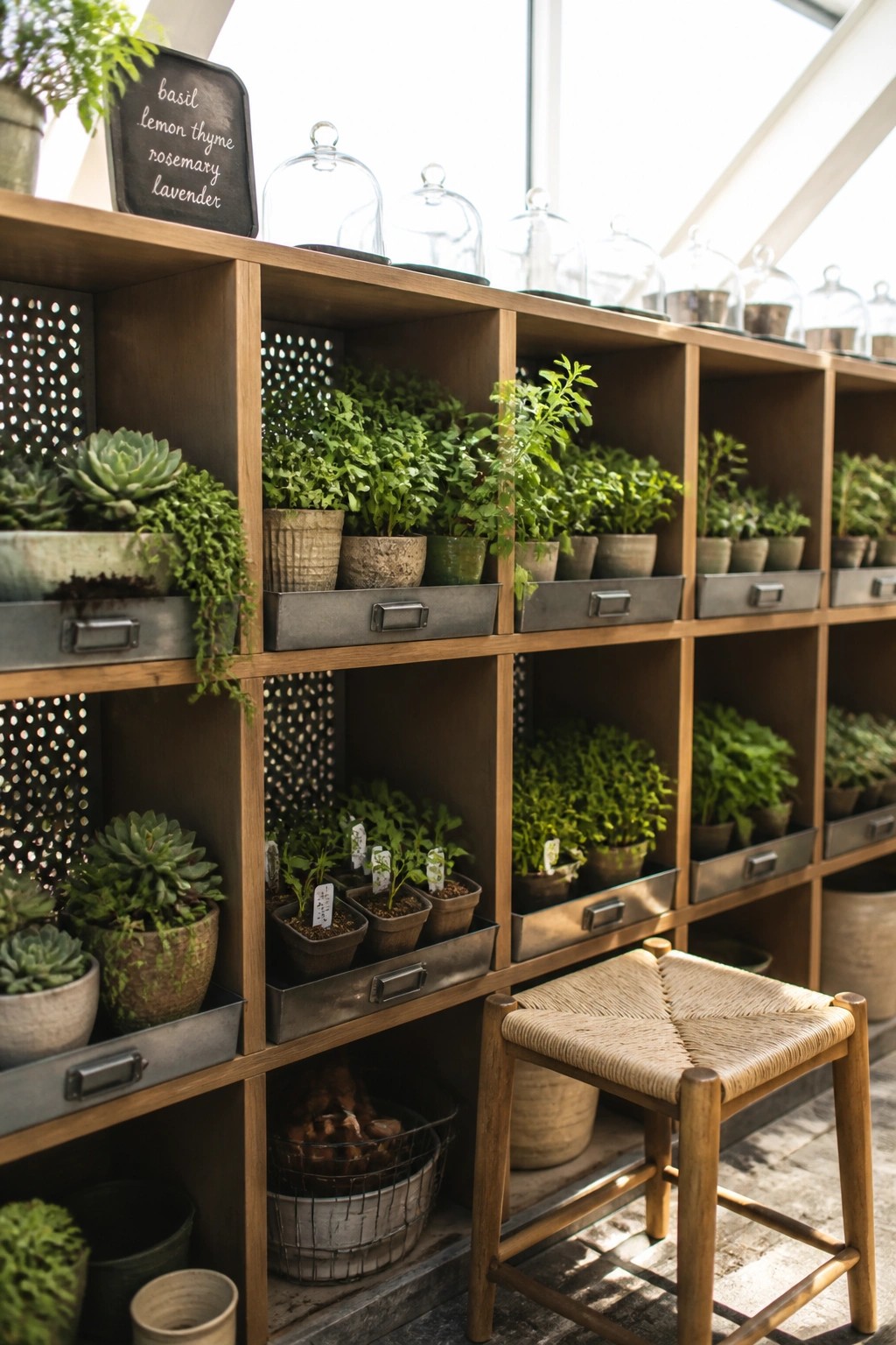 Wooden cubby shelving units filled with potted herbs and succulents inside a bright greenhouse, with metal drawers and a woven stool in front.