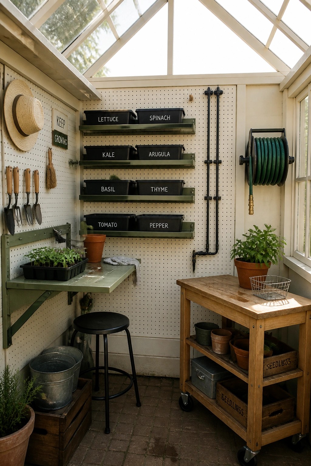 Greenhouse interior with white pegboard walls, green mounted shelves holding labeled black plant bins, a fold-down workbench, stool, and gardening tools on the left wall.