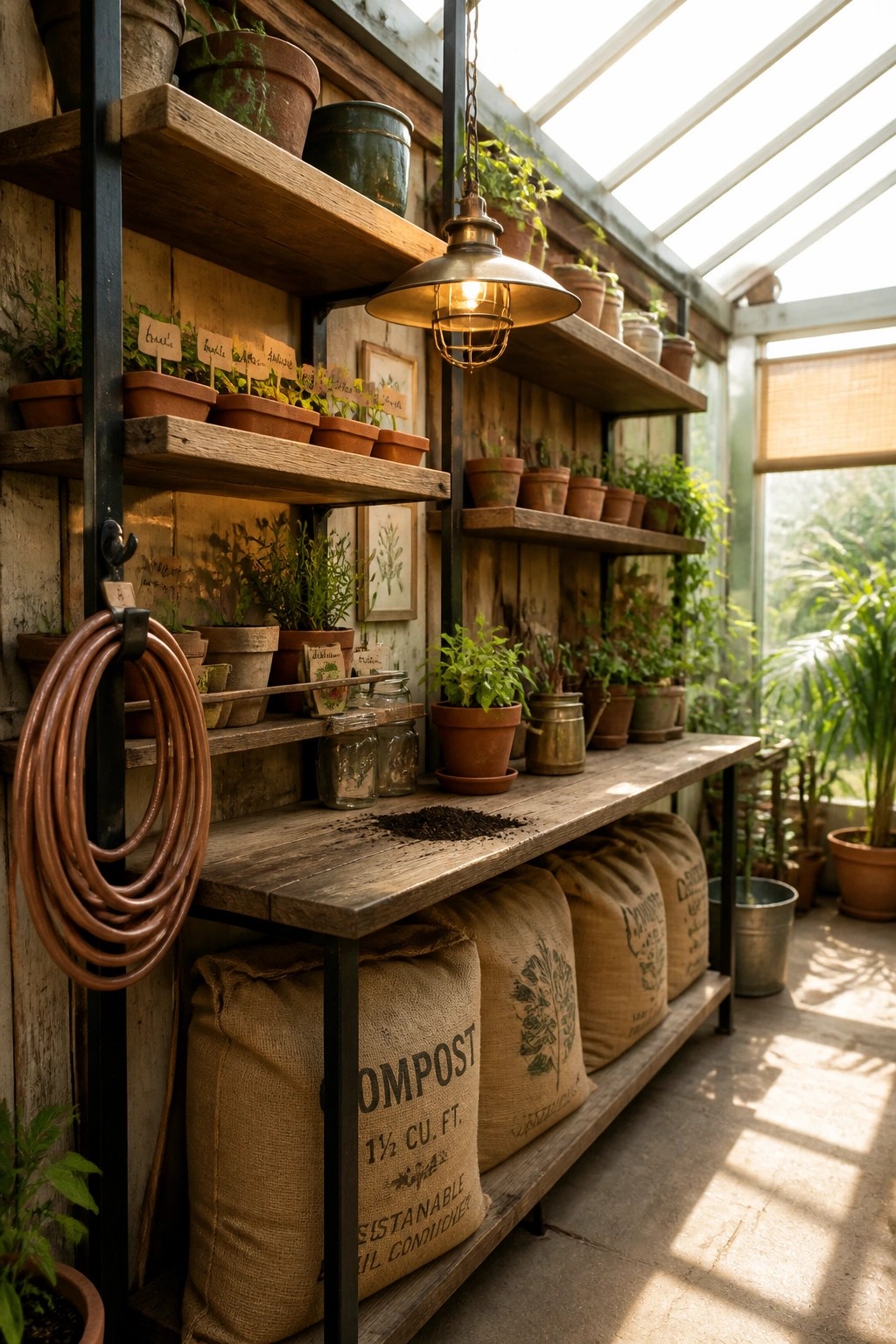 Greenhouse interior showing wooden shelves with potted plants, a work table holding more plants and glass jars, and burlap sacks of compost stored underneath.
