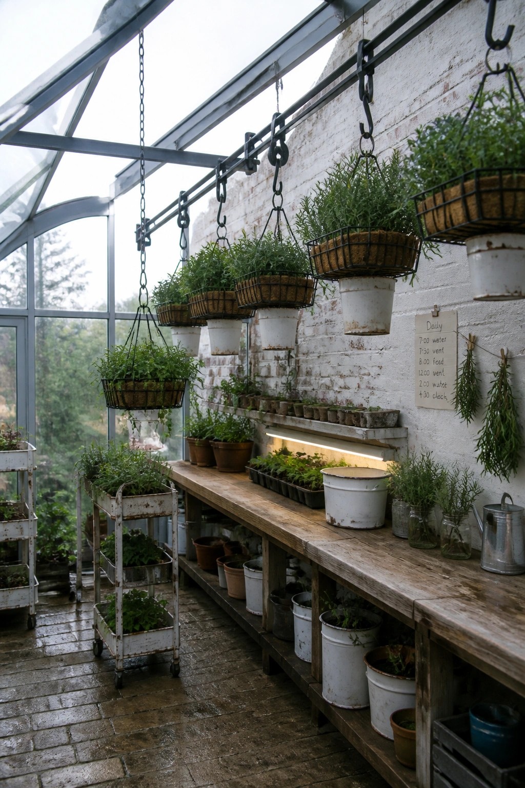 A greenhouse interior showing wooden workbenches, potted plants on shelves, and multiple hanging baskets suspended by chains from an overhead rail system.