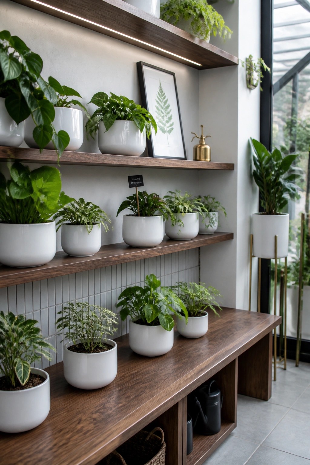 Wooden multi-level shelves filled with white pots containing various green plants in an indoor space.