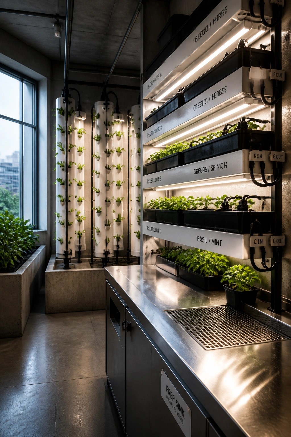 Indoor growing area with vertical hydroponic towers on the left and multi-tiered illuminated shelving units holding labeled plant trays on the right, next to a stainless steel sink.