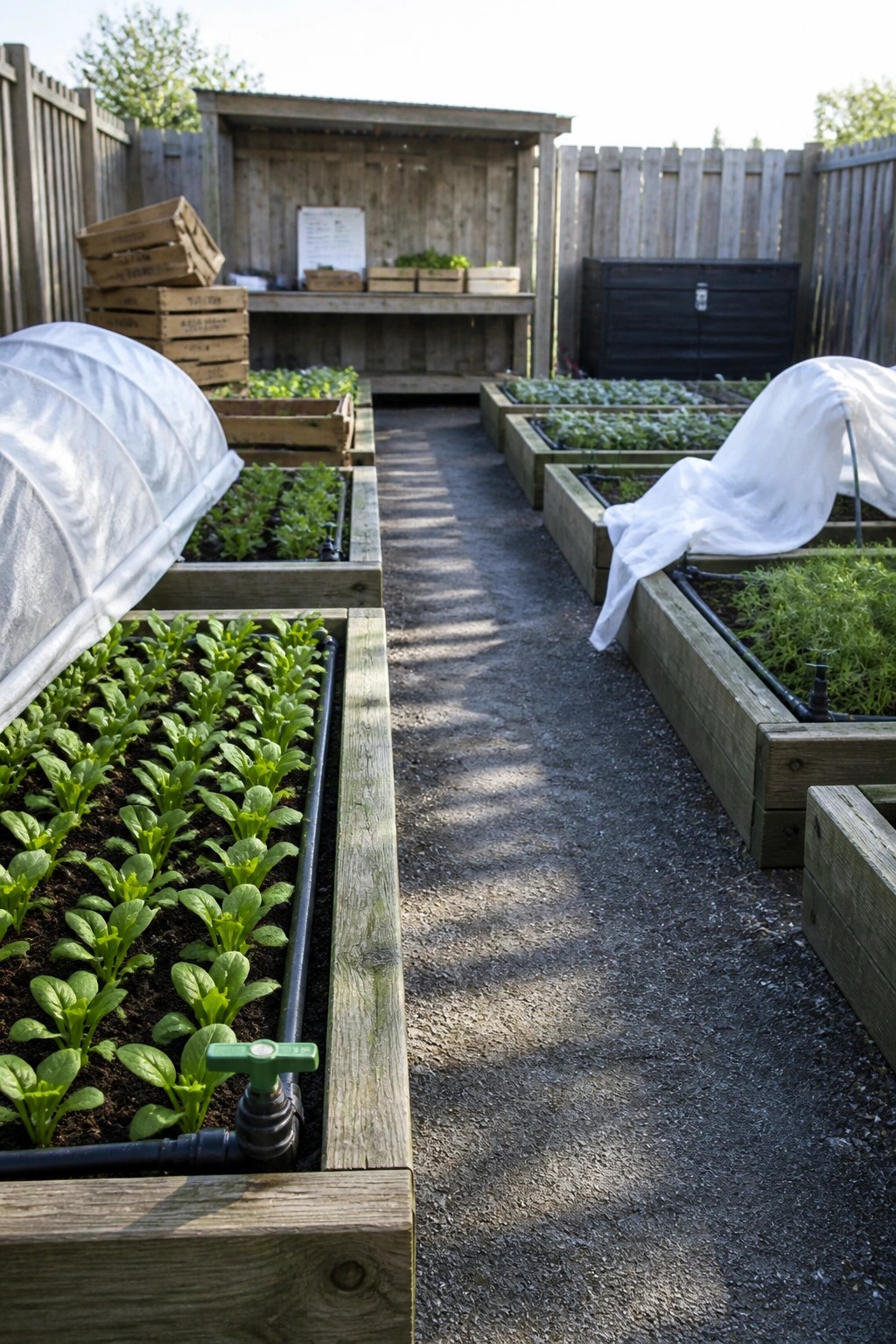 Gravel path running between parallel rows of wooden raised garden beds, some covered with white fabric.