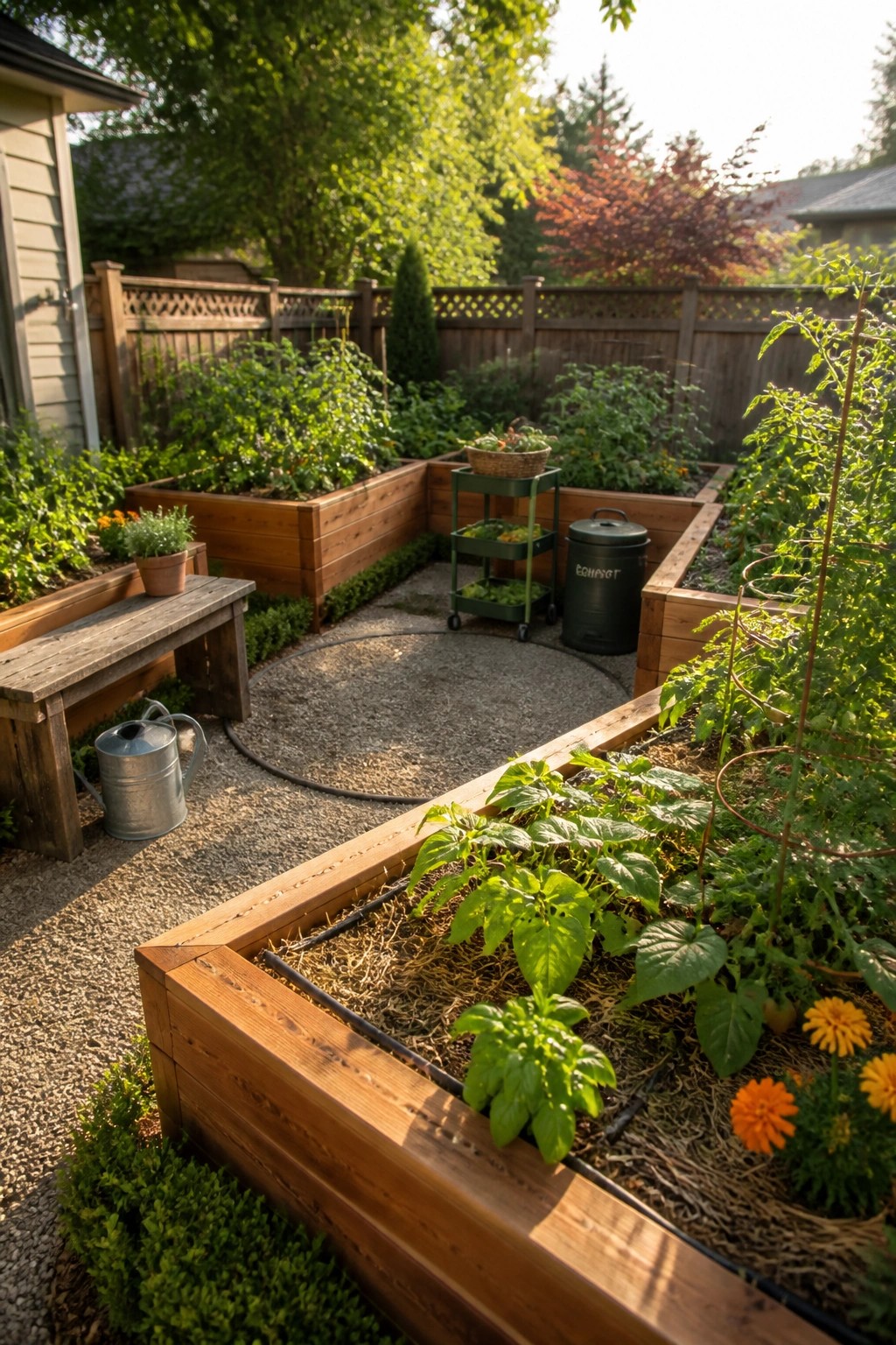 A backyard garden with multiple wooden raised beds arranged around a central gravel path, with plants, a watering can, and a small cart visible.