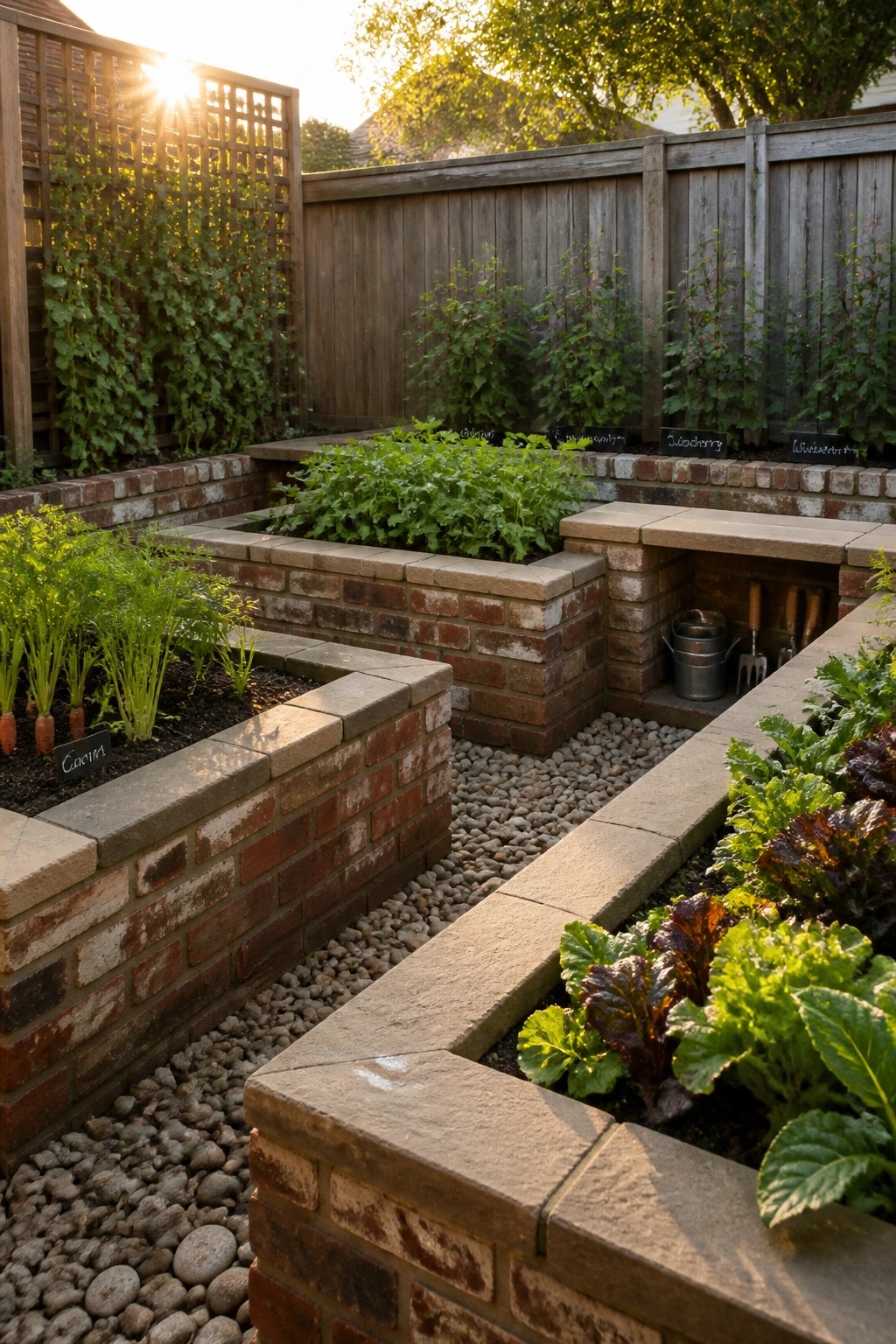 A backyard garden featuring multiple raised beds made of brick and stone, with gravel paths between them and various vegetables growing inside.